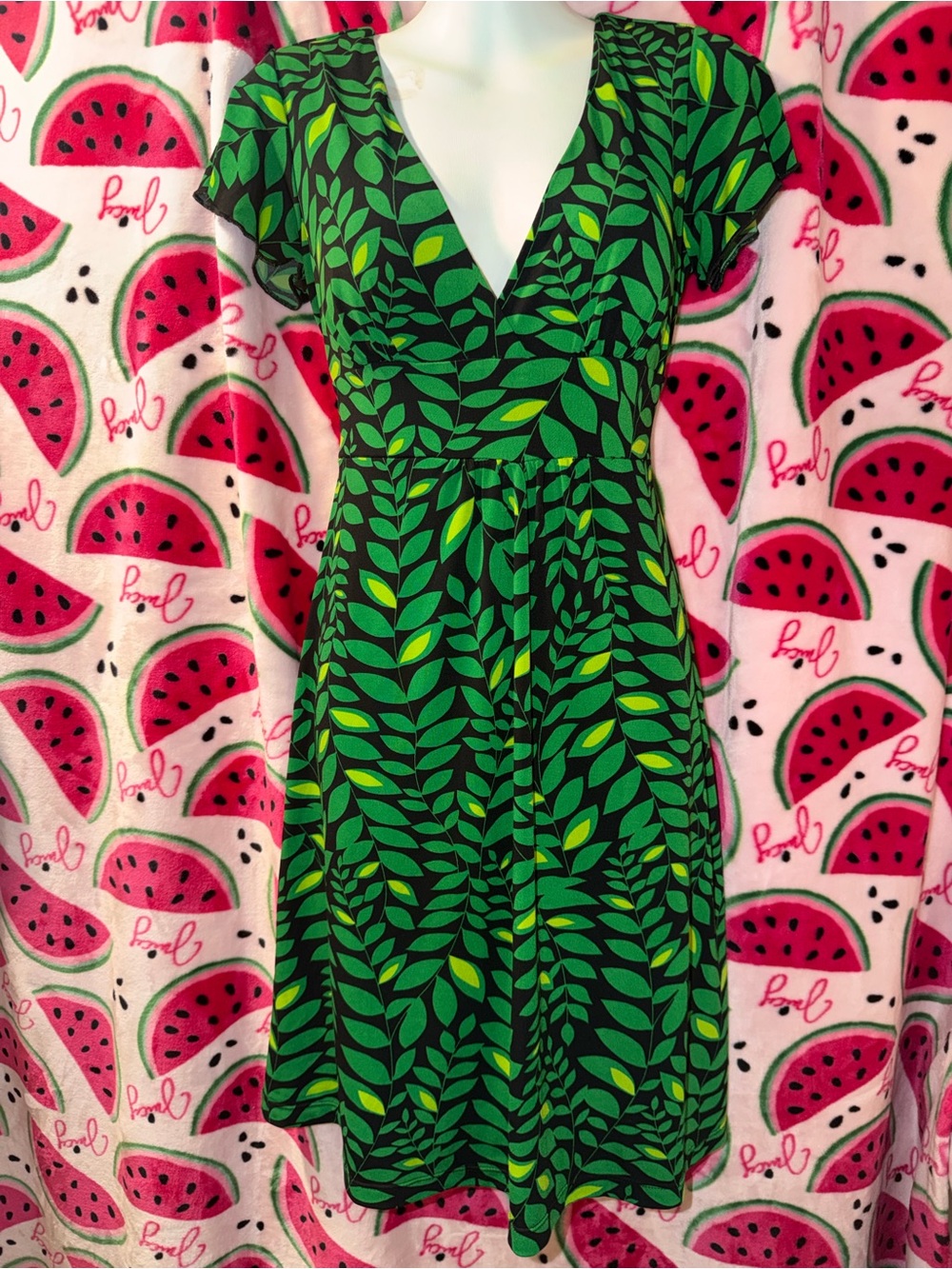 💚🖤 Eyeshadow Y2K Leaf Print Babydoll Mini Dress